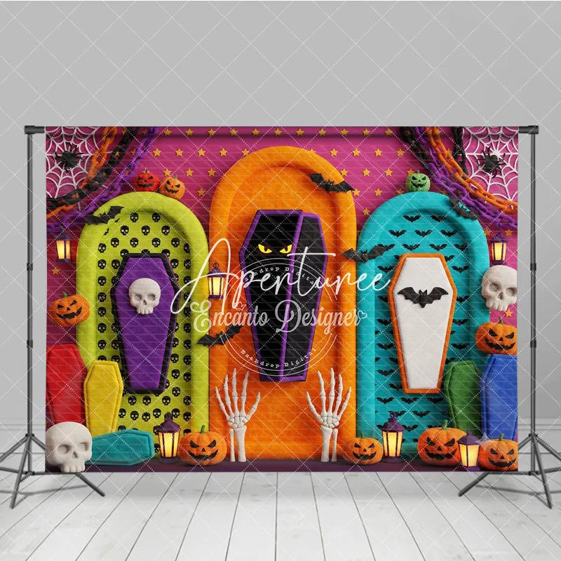 Aperturee - Aperturee Vibrant Halloween Spooky Coffin and Pumpkin Photography Backdrop with Bats and Skulls Festive Party Decor