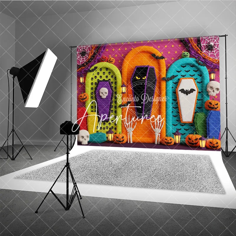 Aperturee - Aperturee Vibrant Halloween Spooky Coffin and Pumpkin Photography Backdrop with Bats and Skulls Festive Party Decor