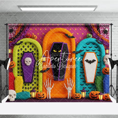 Aperturee - Aperturee Vibrant Halloween Spooky Coffin and Pumpkin Photography Backdrop with Bats and Skulls Festive Party Decor