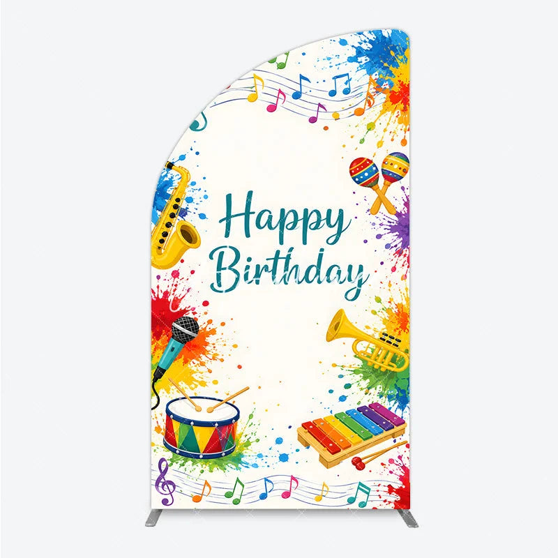 Aperturee - Aperturee Vibrant Happy Birthday Musical Instruments Half Moon Arch Backdrop Colorful Paint Splatter Party Decor