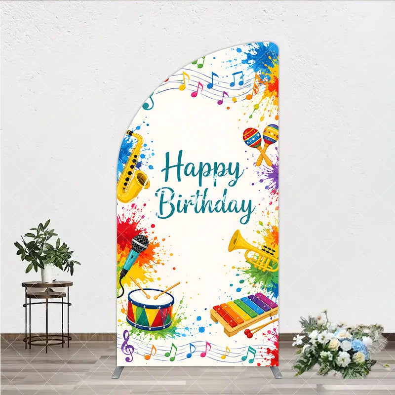 Aperturee - Aperturee Vibrant Happy Birthday Musical Instruments Half Moon Arch Backdrop Colorful Paint Splatter Party Decor