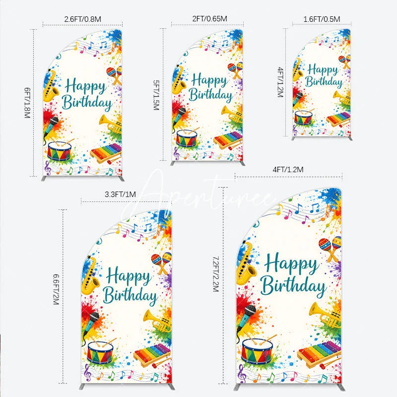 Aperturee - Aperturee Vibrant Happy Birthday Musical Instruments Half Moon Arch Backdrop Colorful Paint Splatter Party Decor