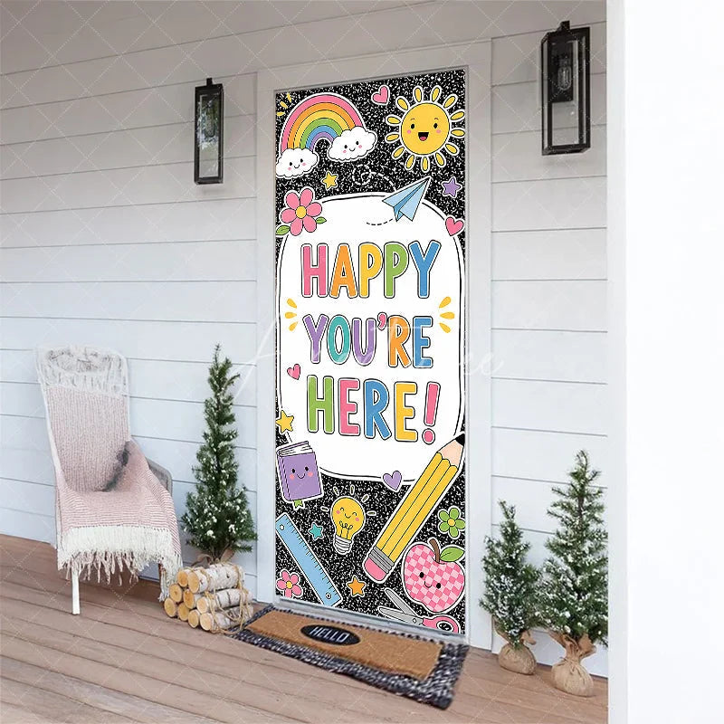 Aperturee - Aperturee Vibrant Happy You’re Here School Welcome Door Cover with Rainbow and Classroom Elements Back to School Decor