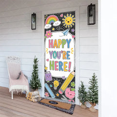 Aperturee - Aperturee Vibrant Happy You’re Here School Welcome Door Cover with Rainbow and Classroom Elements Back to School Decor