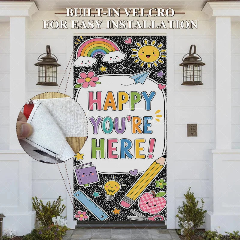 Aperturee - Aperturee Vibrant Happy You’re Here School Welcome Door Cover with Rainbow and Classroom Elements Back to School Decor