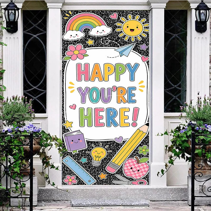 Aperturee - Aperturee Vibrant Happy You’re Here School Welcome Door Cover with Rainbow and Classroom Elements Back to School Decor