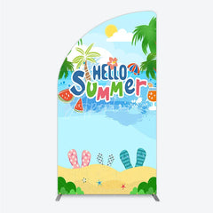 Aperturee - Aperturee Vibrant Hello Summer Beach Half Moon Arch Backdrop Tropical Palm Trees and Flip Flops Party Decor
