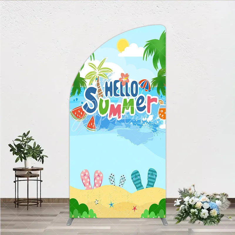 Aperturee - Aperturee Vibrant Hello Summer Beach Half Moon Arch Backdrop Tropical Palm Trees and Flip Flops Party Decor
