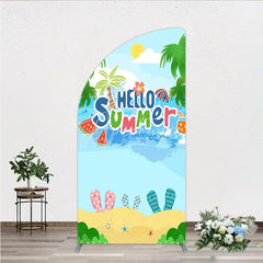 Aperturee - Aperturee Vibrant Hello Summer Beach Half Moon Arch Backdrop Tropical Palm Trees and Flip Flops Party Decor