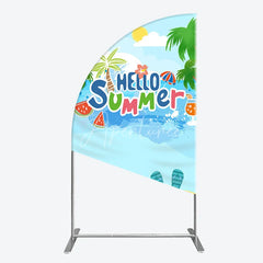 Aperturee - Aperturee Vibrant Hello Summer Beach Half Moon Arch Backdrop Tropical Palm Trees and Flip Flops Party Decor
