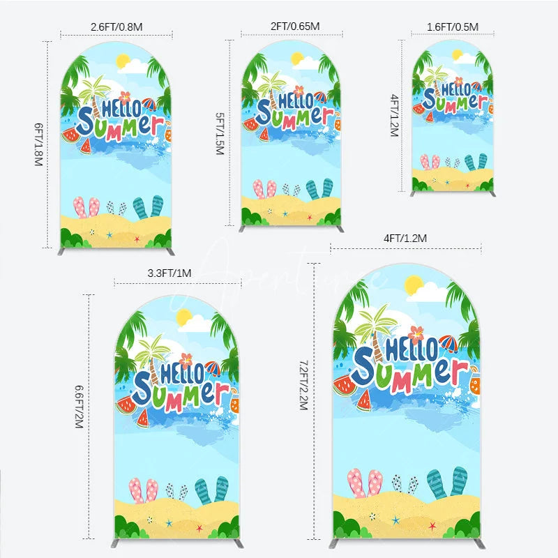 Aperturee - Aperturee Vibrant Hello Summer Beach Round Top Arch Backdrop Featuring Palm Trees Watermelon and Colorful Flip Flops