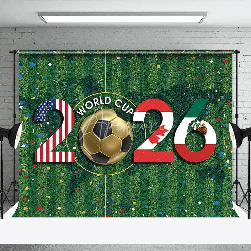Aperturee - Aperturee Vibrant International Soccer Tournament 2026 Holiday Backdrop USA Canada Mexico Flags on Green Field