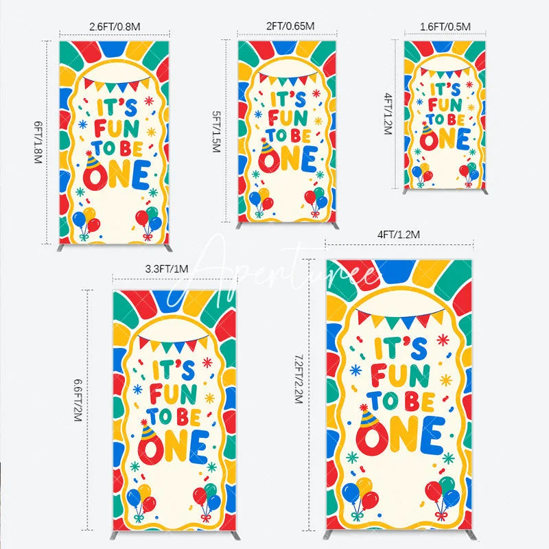 Aperturee - Aperturee Vibrant It’s Fun to Be One First Birthday Rectangle Arch Backdrop with Balloons and Confetti Cheerful Party Decor