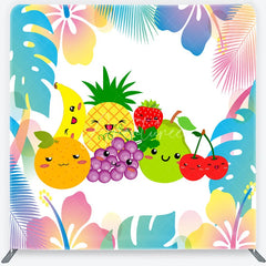Aperturee - Aperturee Vibrant Kawaii Fruit Square Double-Sided Backdrop with Tropical Leaves Cute Summer Party and Birthday Decor