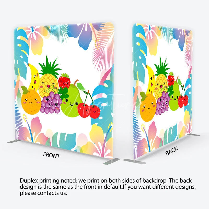 Aperturee - Aperturee Vibrant Kawaii Fruit Square Double-Sided Backdrop with Tropical Leaves Cute Summer Party and Birthday Decor