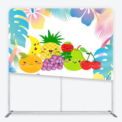 Aperturee - Aperturee Vibrant Kawaii Fruit Square Double-Sided Backdrop with Tropical Leaves Cute Summer Party and Birthday Decor