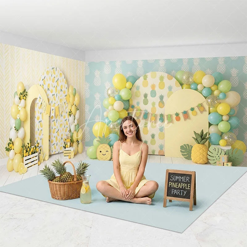 Aperturee - Aperturee Vibrant Lemon and Pineapple Tropical Room Set Backdrop Summer Party Celebration Decor with Balloons and Arches