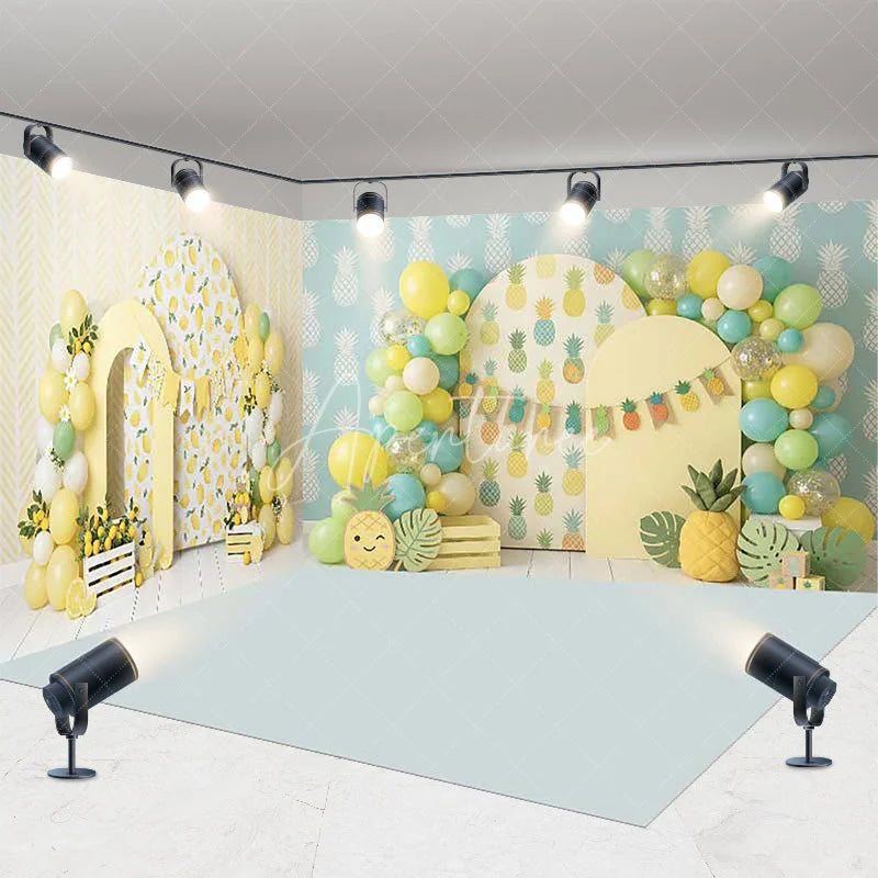 Aperturee - Aperturee Vibrant Lemon and Pineapple Tropical Room Set Backdrop Summer Party Celebration Decor with Balloons and Arches