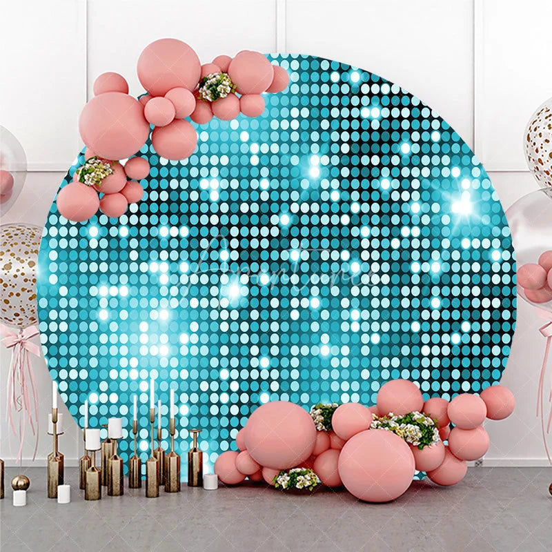 Aperturee - Aperturee Vibrant Light Blue and Turquoise Glitter Disco Round Backdrop Sparkling Celebration Party Decor for Events