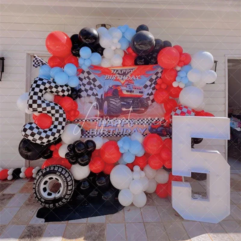 Aperturee - Aperturee Vibrant Monster Truck and Checkered Flag Racing Birthday Backdrop Dynamic Adventure Party Decor for Boys