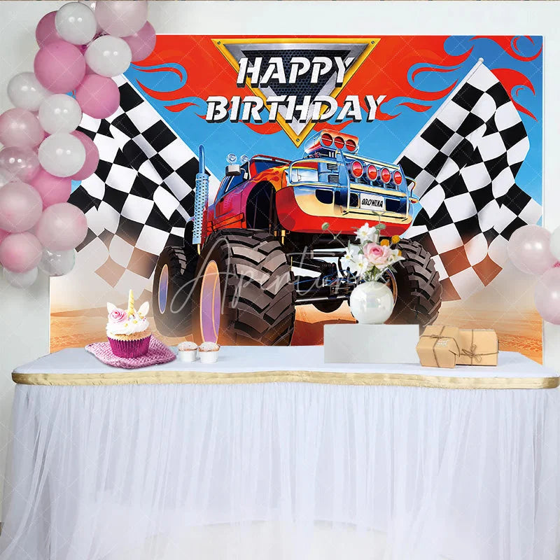Aperturee - Aperturee Vibrant Monster Truck and Checkered Flag Racing Birthday Backdrop Dynamic Adventure Party Decor for Boys