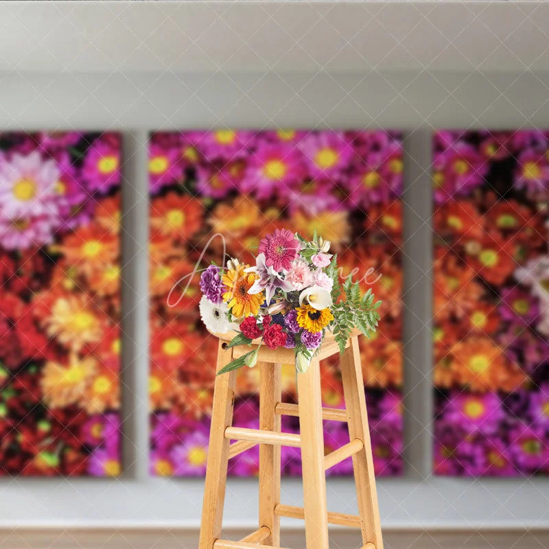 Aperturee - Aperturee Vibrant Multi-Color Floral Photography Backdrop featuring Red Orange Pink and Purple Daisy Flowers