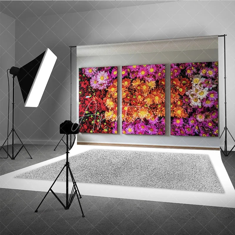 Aperturee - Aperturee Vibrant Multi-Color Floral Photography Backdrop featuring Red Orange Pink and Purple Daisy Flowers
