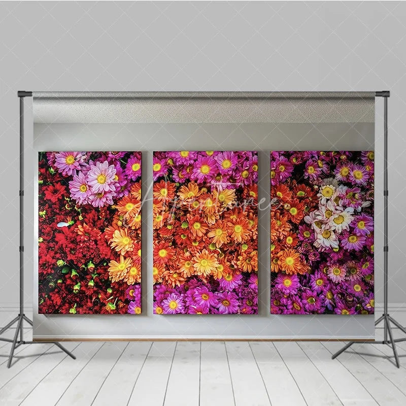Aperturee - Aperturee Vibrant Multi-Color Floral Photography Backdrop featuring Red Orange Pink and Purple Daisy Flowers