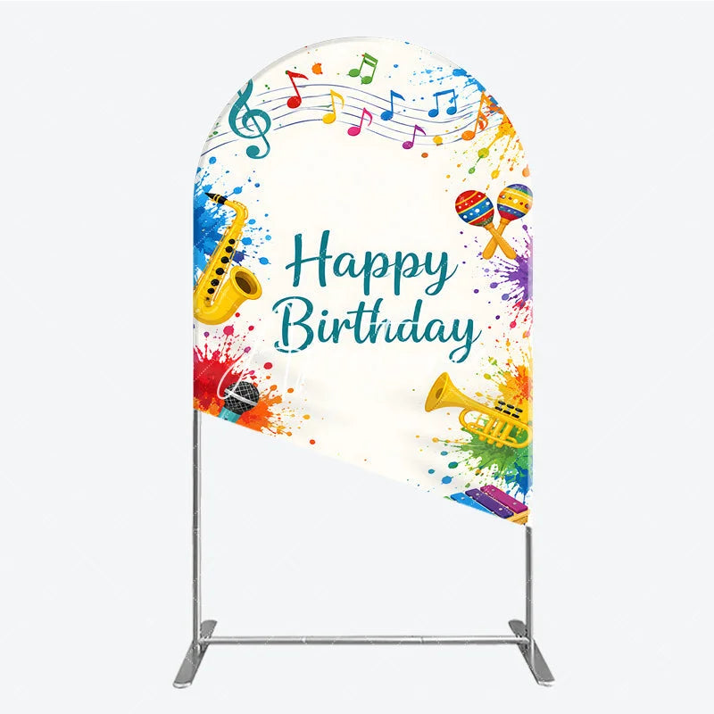 Aperturee - Aperturee Vibrant Multi-Color Musical Happy Birthday Round Top Arch Backdrop Festive Party Decor with Instruments
