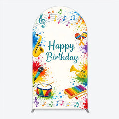 Aperturee - Aperturee Vibrant Multi-Color Musical Happy Birthday Round Top Arch Backdrop Festive Party Decor with Instruments