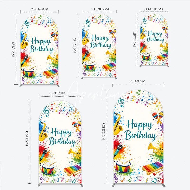 Aperturee - Aperturee Vibrant Multi-Color Musical Happy Birthday Round Top Arch Backdrop Festive Party Decor with Instruments