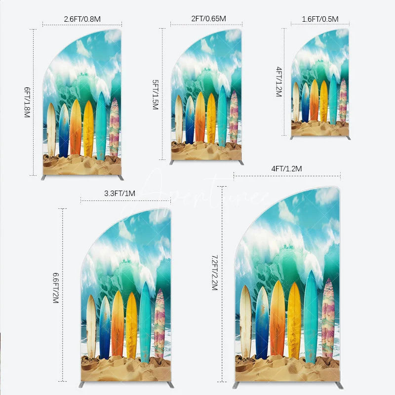 Aperturee - Aperturee Vibrant Multi-color Surfboards and Crashing Ocean Wave Half Moon Arch Backdrop Summer Beach Party Decor