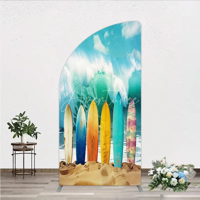 Aperturee - Aperturee Vibrant Multi-color Surfboards and Crashing Ocean Wave Half Moon Arch Backdrop Summer Beach Party Decor