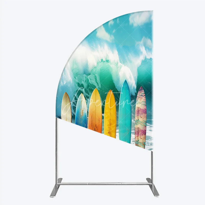 Aperturee - Aperturee Vibrant Multi-color Surfboards and Crashing Ocean Wave Half Moon Arch Backdrop Summer Beach Party Decor