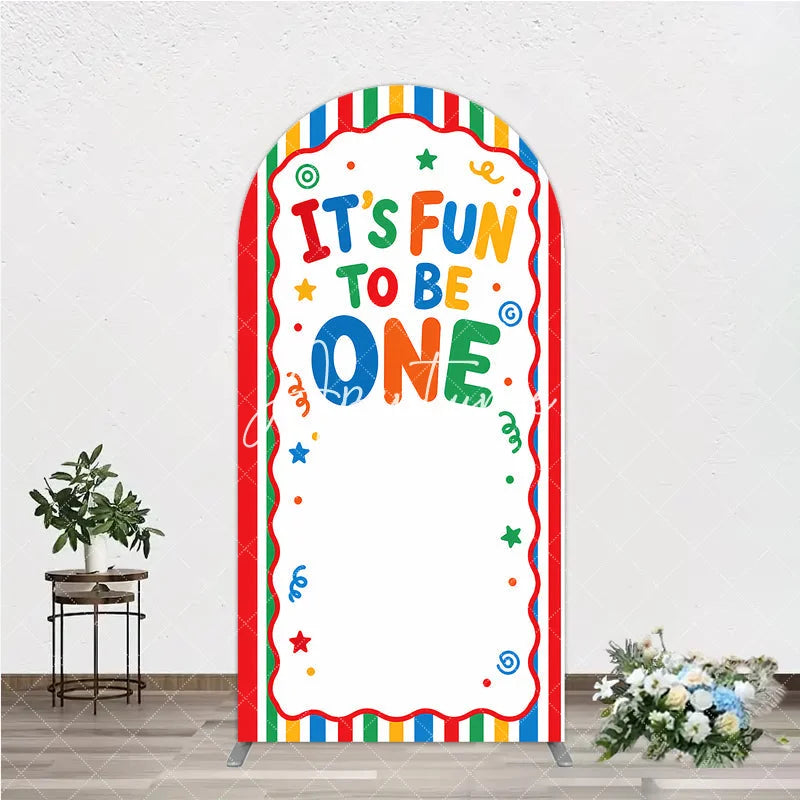 Aperturee - Aperturee Vibrant Multicolor Striped Its Fun to Be One First Birthday Round Top Arch Backdrop Festive Party Decor