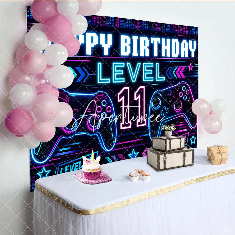 Aperturee - Aperturee Vibrant Neon Blue and Pink Gaming Controller Level 11 Happy Birthday Backdrop Gamer Theme Party Decor