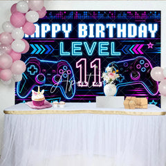 Aperturee - Aperturee Vibrant Neon Blue and Pink Gaming Controller Level 11 Happy Birthday Backdrop Gamer Theme Party Decor