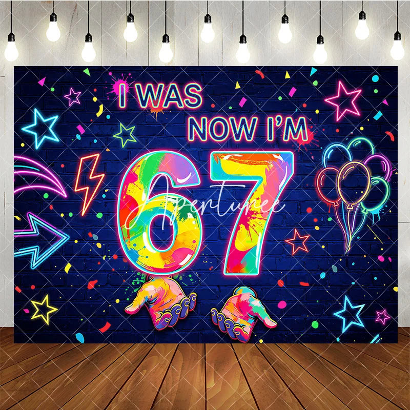 Aperturee - Aperturee Vibrant Neon Graffiti 7th Birthday Backdrop Colorful Splatter Stars and Balloons Dark Blue Brick Wall Party Decor