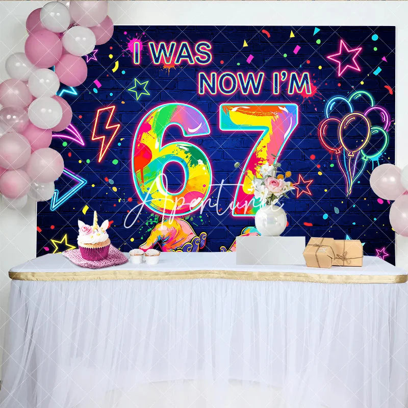 Aperturee - Aperturee Vibrant Neon Graffiti 7th Birthday Backdrop Colorful Splatter Stars and Balloons Dark Blue Brick Wall Party Decor