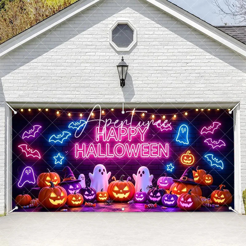Aperturee - Aperturee Vibrant Neon Happy Halloween Bats and Ghosts Garage Door Banner Spooky Pumpkin Party Decor for Festive Celebrations