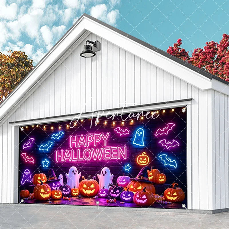 Aperturee - Aperturee Vibrant Neon Happy Halloween Bats and Ghosts Garage Door Banner Spooky Pumpkin Party Decor for Festive Celebrations