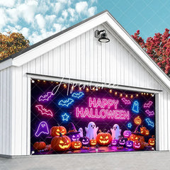 Aperturee - Aperturee Vibrant Neon Happy Halloween Bats and Ghosts Garage Door Banner Spooky Pumpkin Party Decor for Festive Celebrations