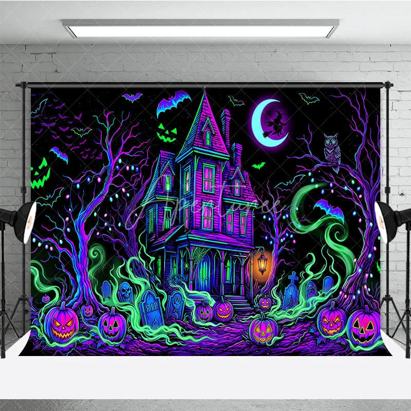 Aperturee - Aperturee Vibrant Neon Purple and Green Haunted House Holiday Backdrop Spooky Halloween Party Decor with Jack-o’-Lanterns