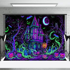 Aperturee - Aperturee Vibrant Neon Purple and Green Haunted House Holiday Backdrop Spooky Halloween Party Decor with Jack-o’-Lanterns