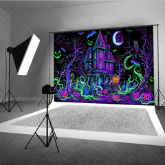 Aperturee - Aperturee Vibrant Neon Purple and Green Haunted House Holiday Backdrop Spooky Halloween Party Decor with Jack-o’-Lanterns