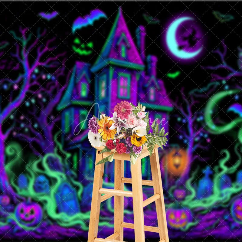 Aperturee - Aperturee Vibrant Neon Purple and Green Haunted House Holiday Backdrop Spooky Halloween Party Decor with Jack-o’-Lanterns