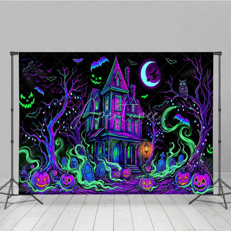 Aperturee - Aperturee Vibrant Neon Purple and Green Haunted House Holiday Backdrop Spooky Halloween Party Decor with Jack-o’-Lanterns