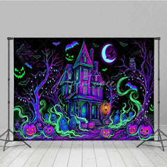 Aperturee - Aperturee Vibrant Neon Purple and Green Haunted House Holiday Backdrop Spooky Halloween Party Decor with Jack-o’-Lanterns