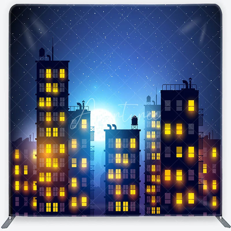 Aperturee - Aperturee Vibrant Night Cityscape Square Double-Sided Backdrop with a Full Moon and Starry Sky Scene for photo booth