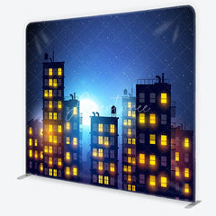 Aperturee - Aperturee Vibrant Night Cityscape Square Double-Sided Backdrop with a Full Moon and Starry Sky Scene for photo booth